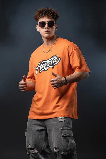 HUSTLE Orange Oversized Back Graphic Printed T-shirt